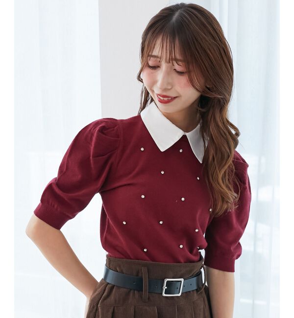  「2way襟付きビジューニット」|ニット・セーター|