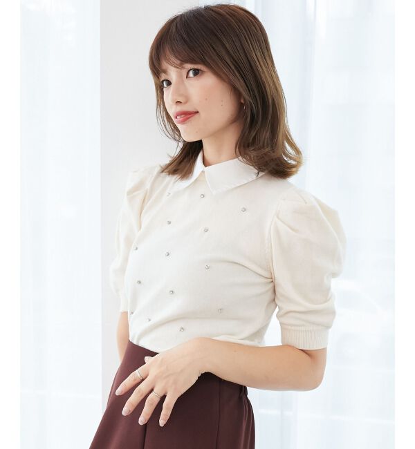  「2way襟付きビジューニット」|ニット・セーター|