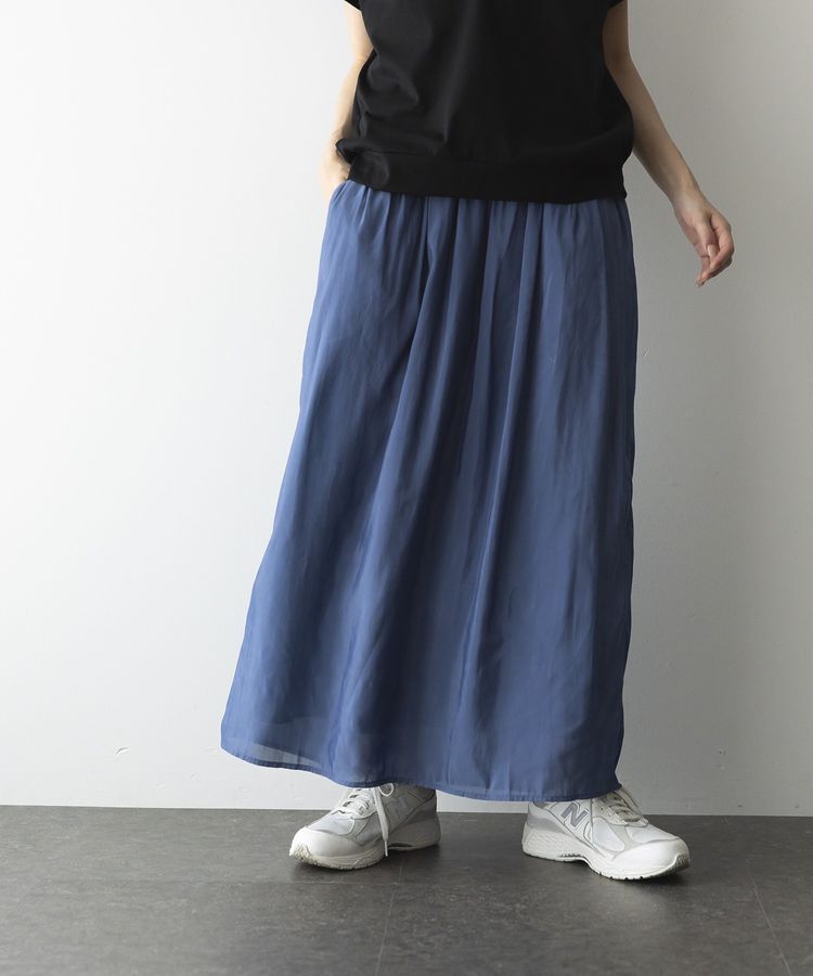 GARAGE OF GOOD CLOTHING「微光沢ギャザーロングスカート」|フレア|Blue