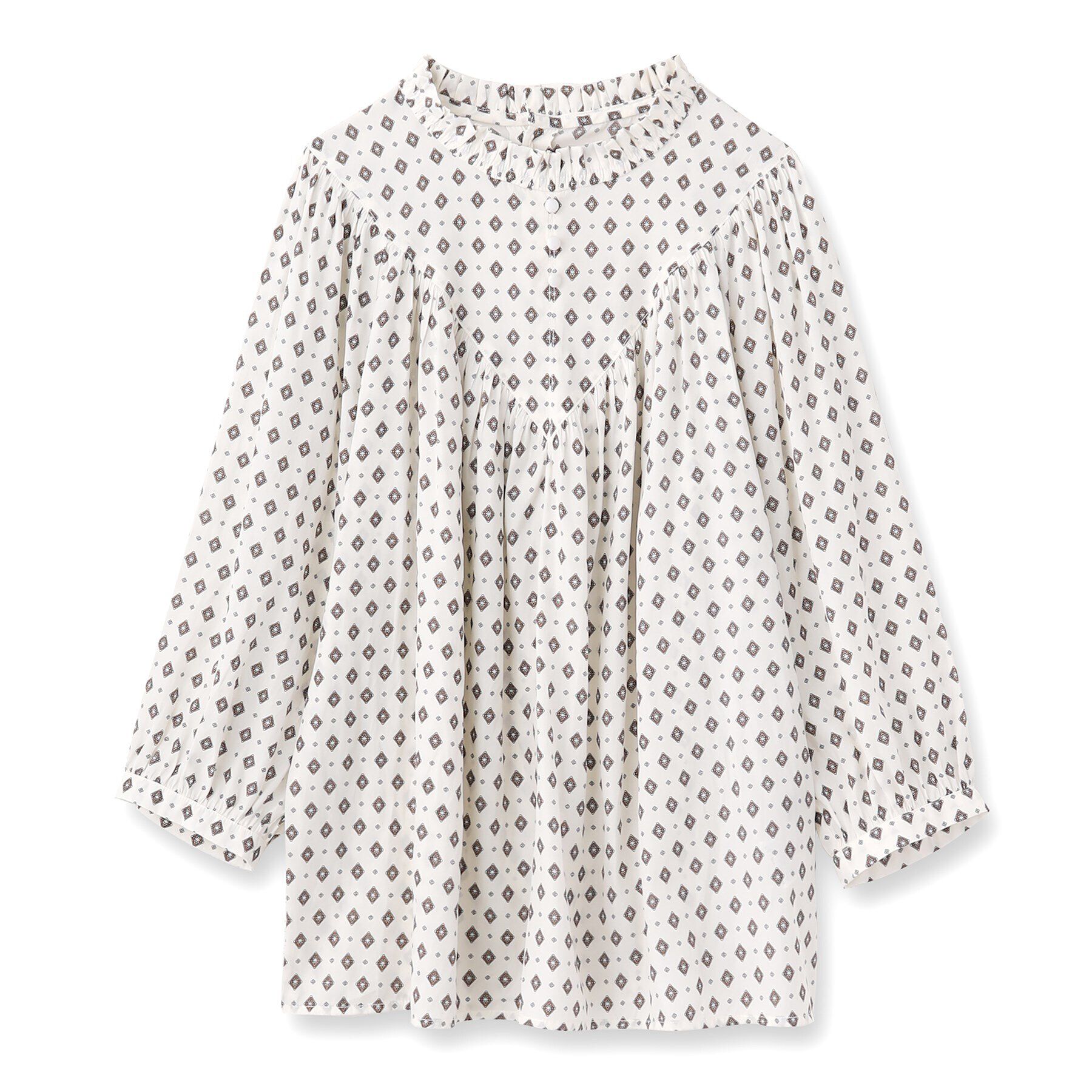 UNTITLED「【華やかトップス】プロバンス柄 フリルネックブラウス」|シャツ・ブラウス|