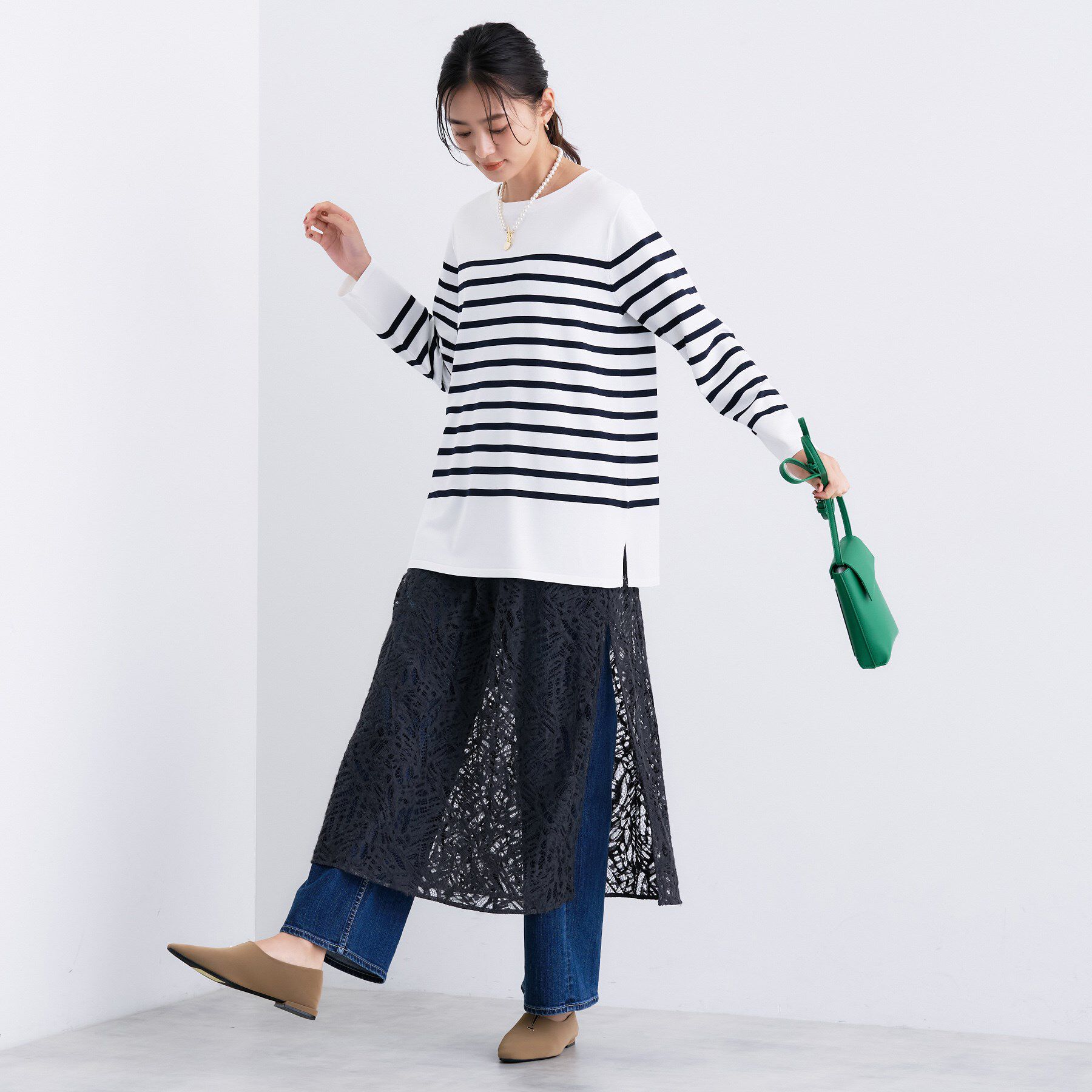 INDIVI「ロングライン ストレッチニット」|ニット・セーター|