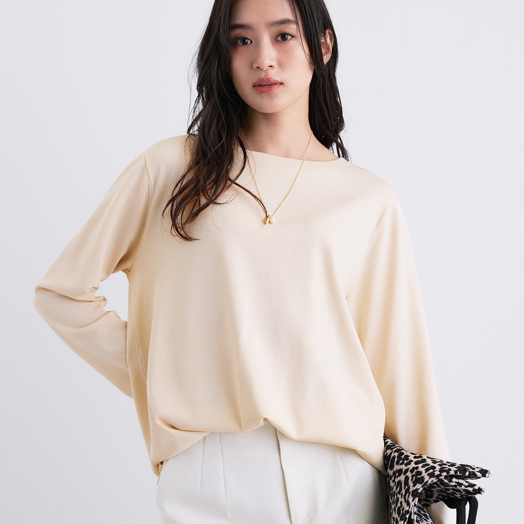 INDIVI「ロングライン ストレッチニット」|ニット・セーター|グレージュ(050)