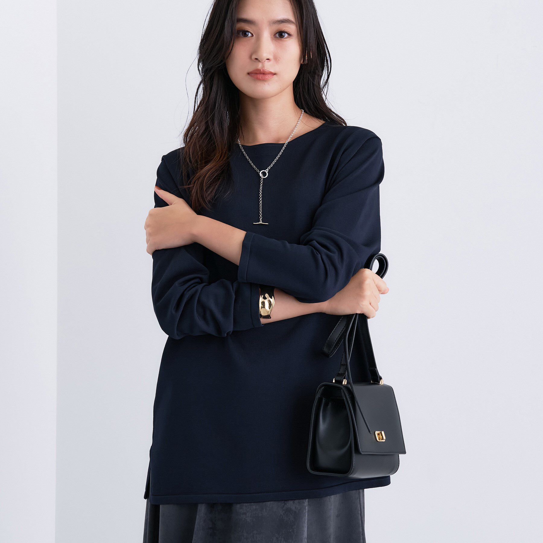 INDIVI「ロングライン ストレッチニット」|ニット・セーター|ネイビー(094)