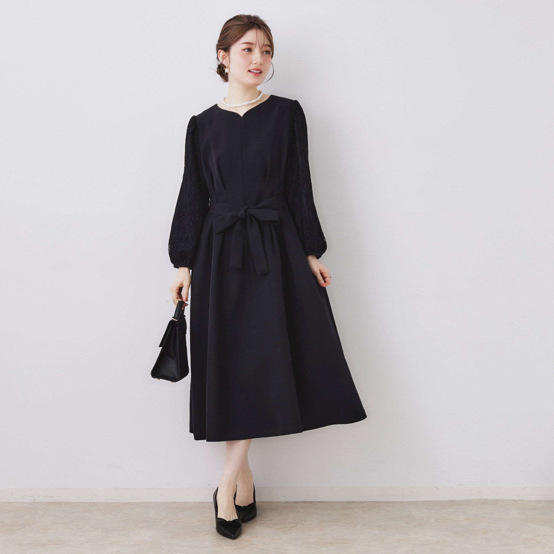 Couture broach「【ハレの日・通勤】レース袖タックフレアワンピース」|ワンピース|