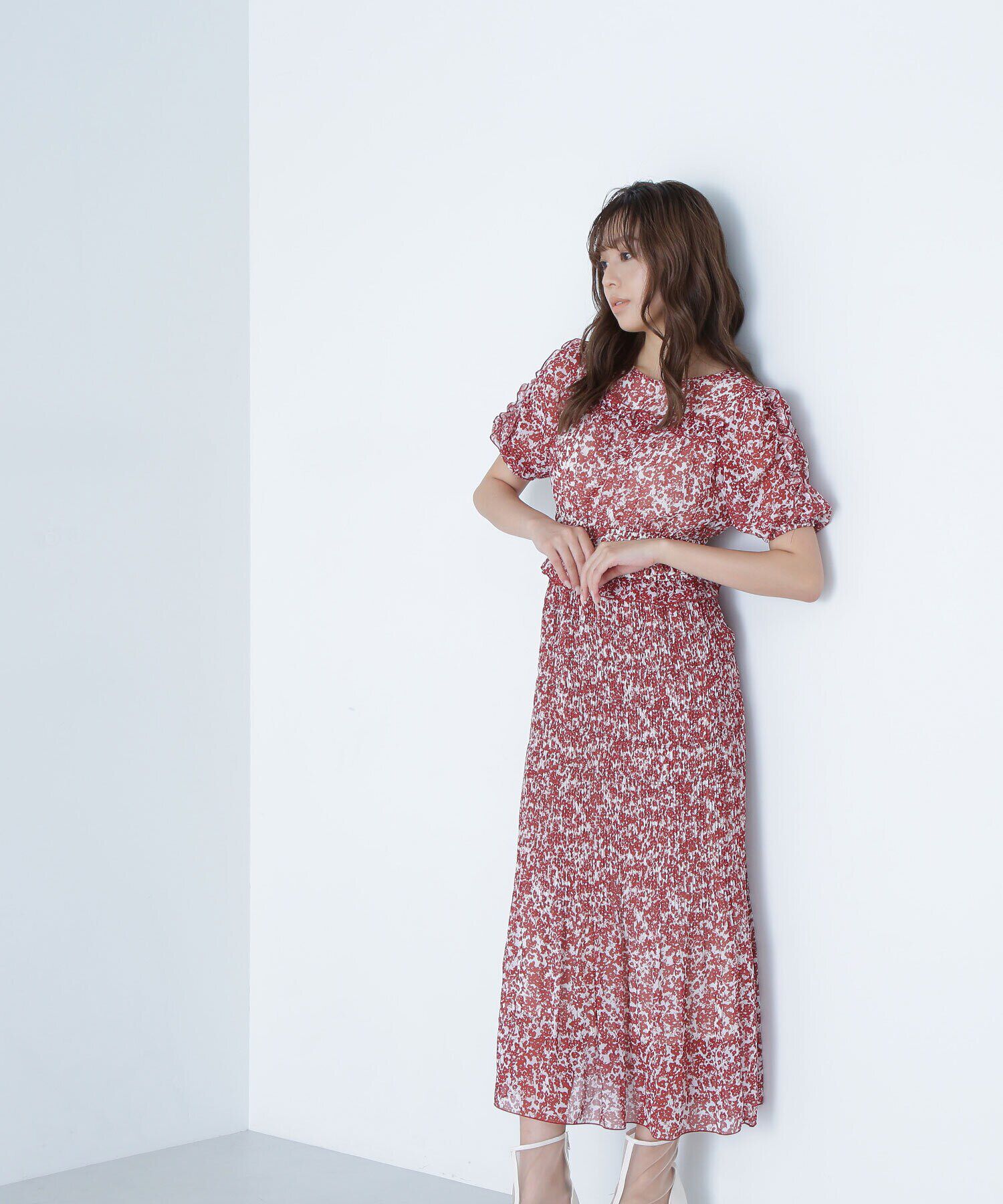  「フリルシャーリングプリントワンピース」|ワンピース|アカ系2