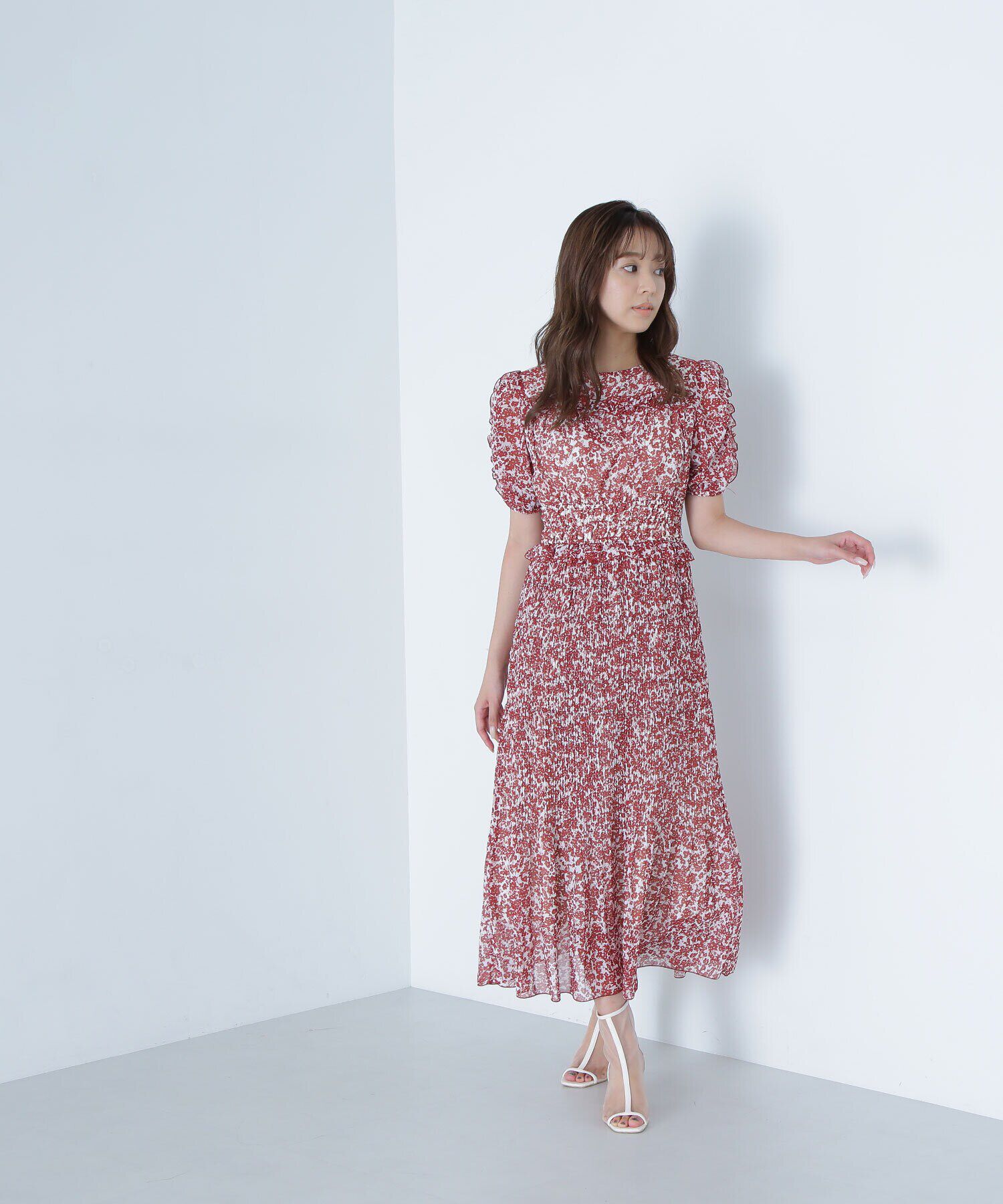  「フリルシャーリングプリントワンピース」|ワンピース|