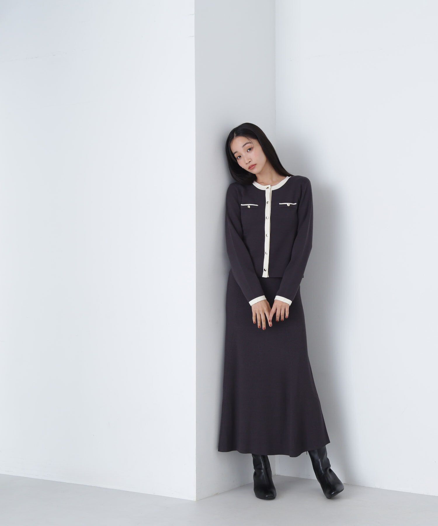  「バイカラーニットカーディガン＆スカート」|ワンピース|