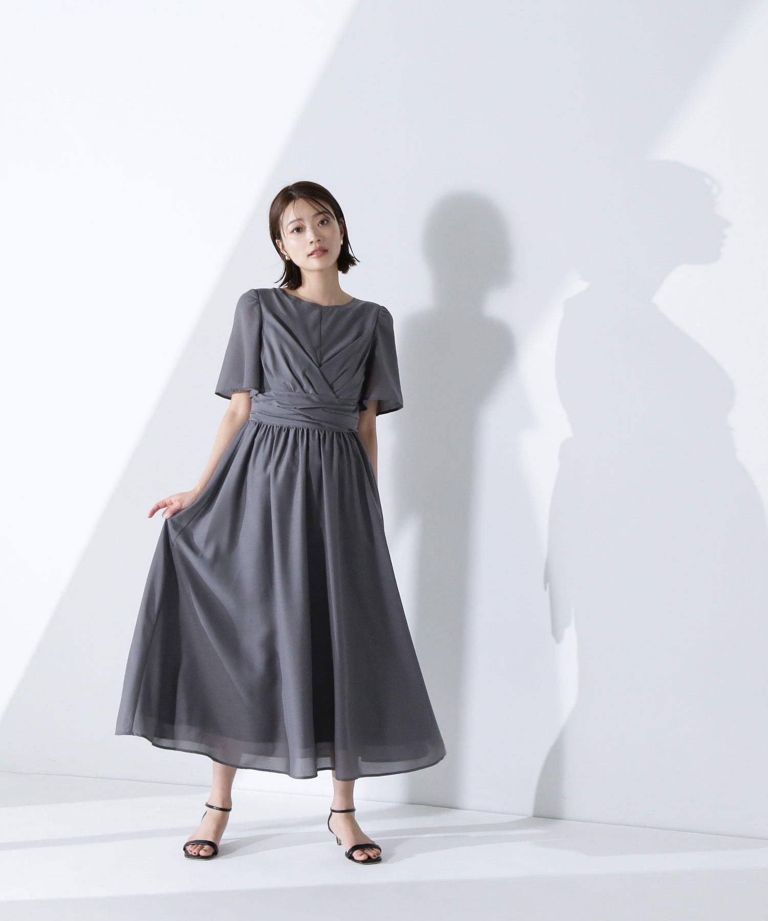  「カシュクールバックリボンワンピース」|ワンピース|チャコール1