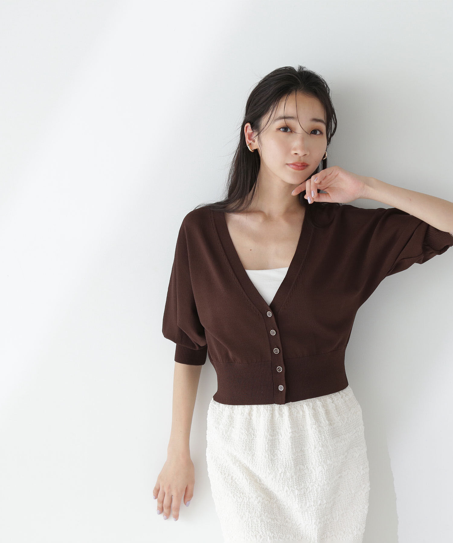  「ドルマンボレロカーディガン」|ニット・セーター|ダークブラウ 1