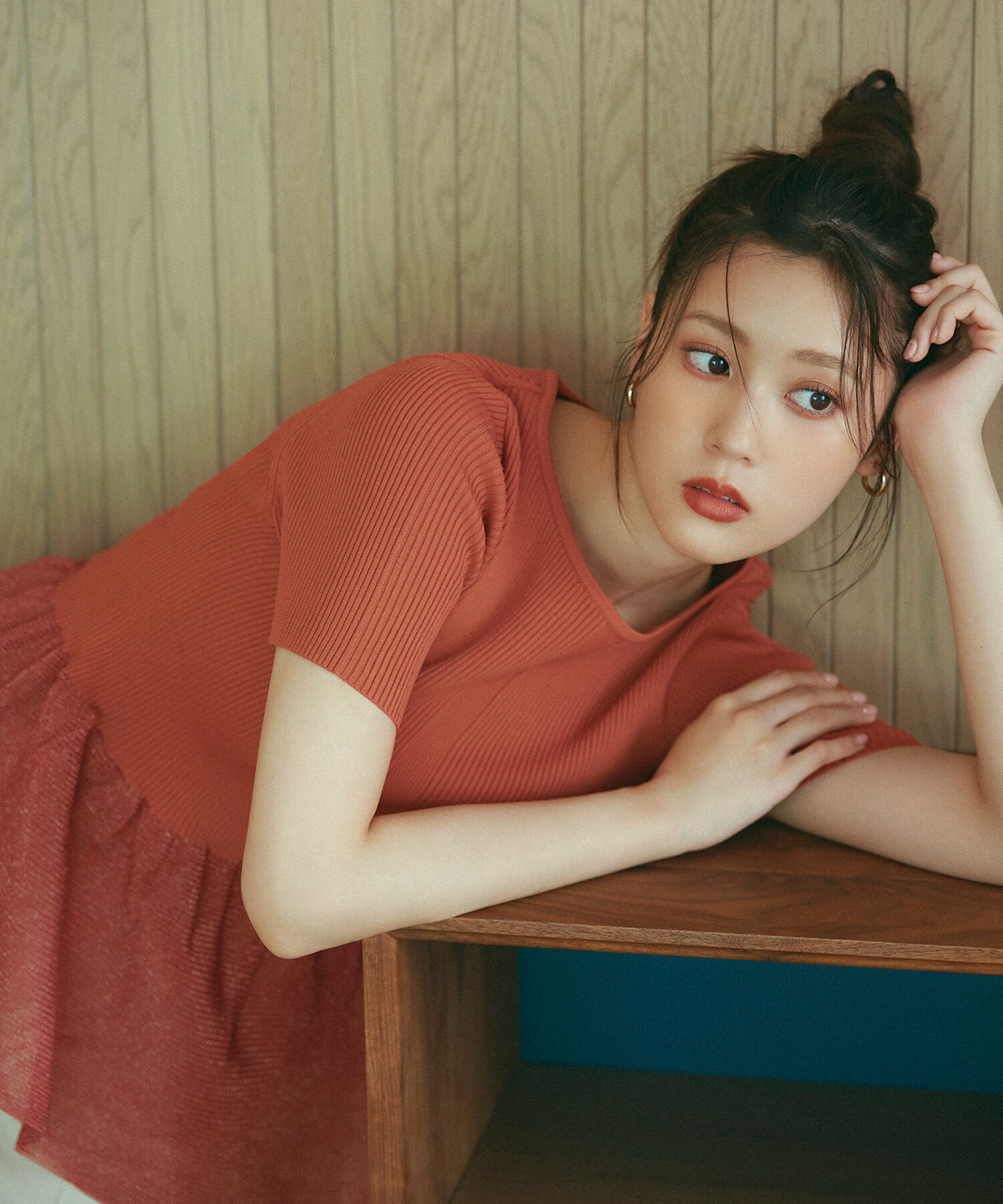  「シアーペプラムフォルムニット」|ニット・セーター|オレンジ