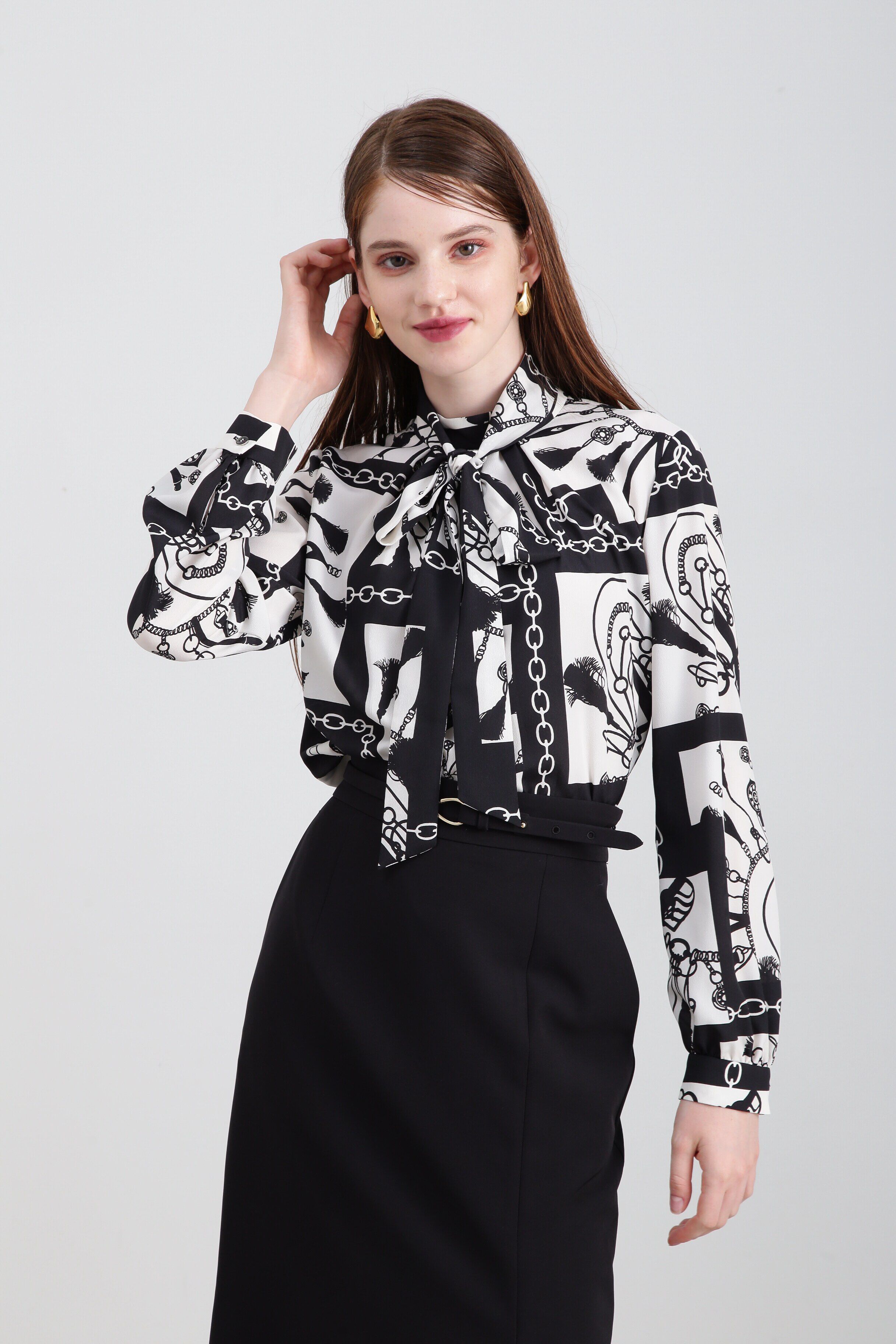  「◆コントラストプリントブラウス」|シャツ・ブラウス|ホワイト