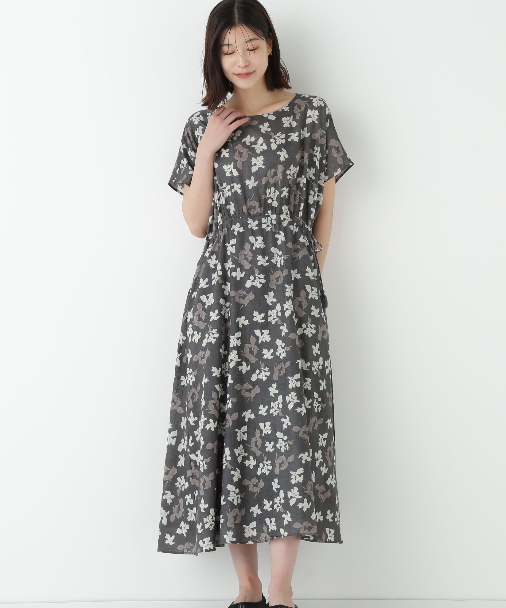  「◆インドドビーリーフプリントフレンチドルマンスリーブワンピース」|ワンピース|グレー3