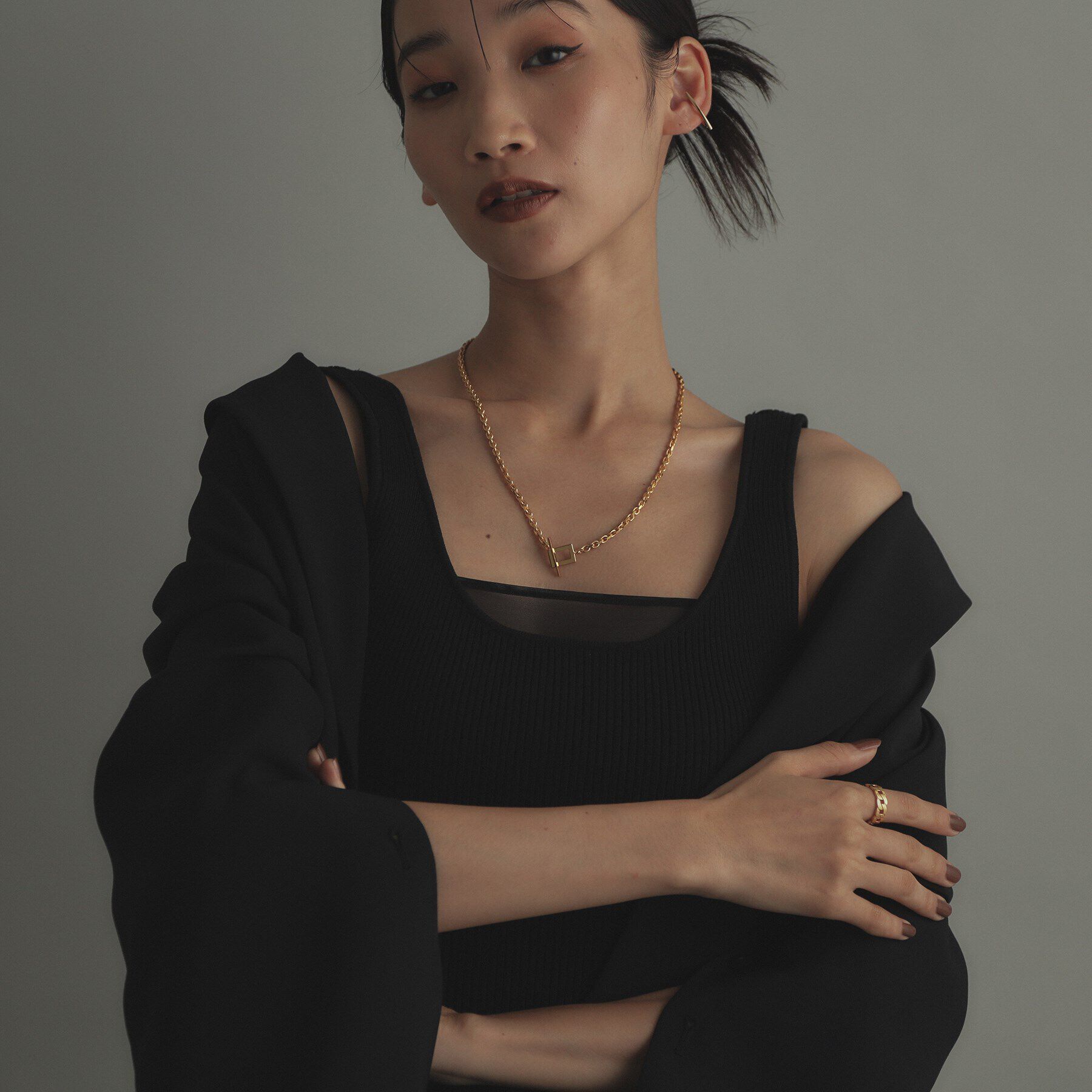 COCOSHNIK ONKITSCH「シルバー カットケーブルチェーン レクタングルマンテルネックレス（48cm） GP」|ネックレス|