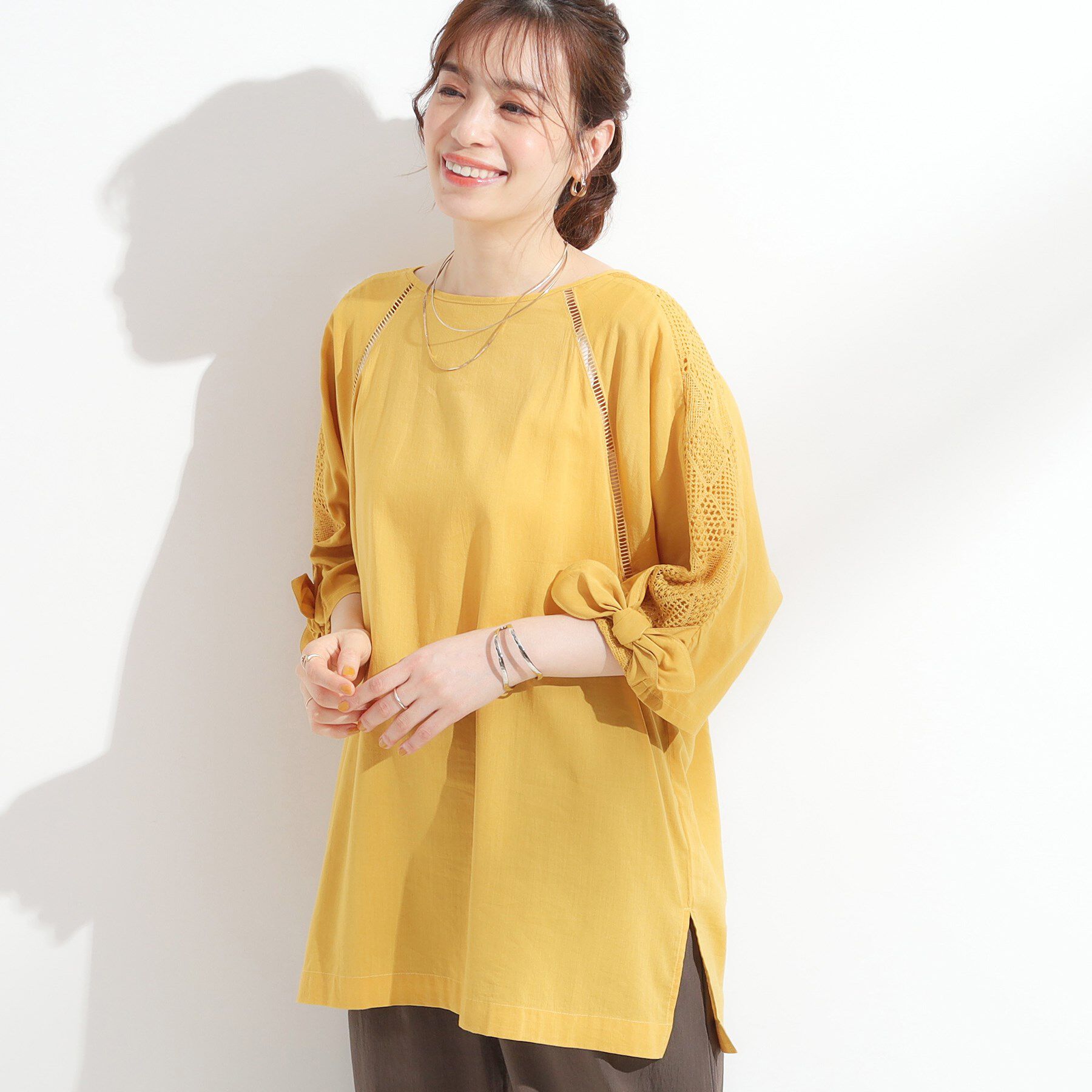 SHOO･LA･RUE「【S-LL】お袖デザインが華やか はしごレースチュニック」|チュニック|イエロー(032)