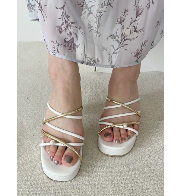 MERCURYDUO「バイカラーワンポイントパールストラップヒールサンダル」|サンダル|