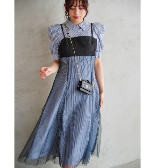 MERCURYDUO「ビスチェドッキングパワショルシャツワンピース」|ワンピース|
