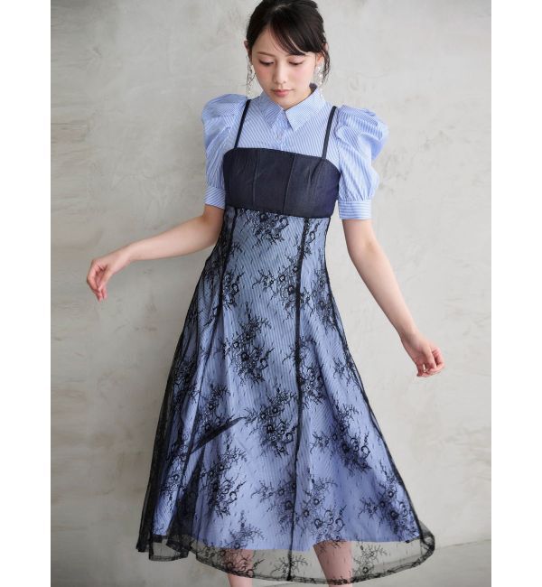 MERCURYDUO「ビスチェドッキングパワショルシャツワンピース」|ワンピース|アイスブルー