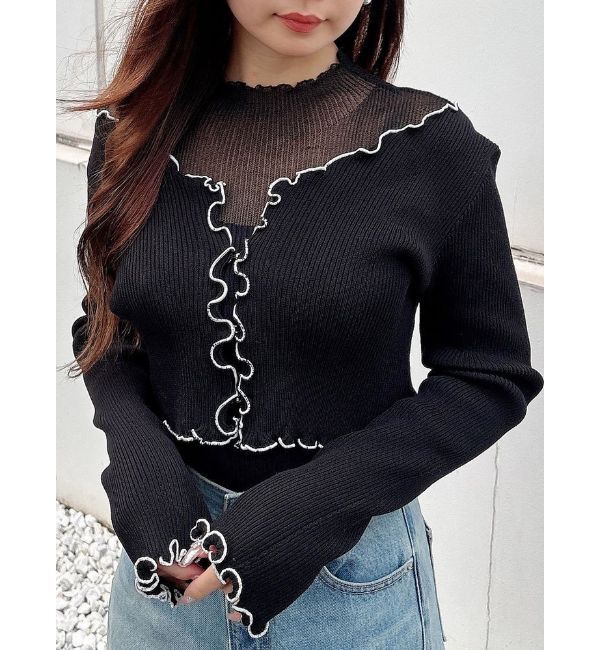 MERCURYDUO「配色メローフリルニットカーデ」|カーディガン|