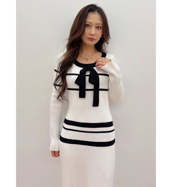 MERCURYDUO「バイカラーリボンリブニットワンピース」|ワンピース|