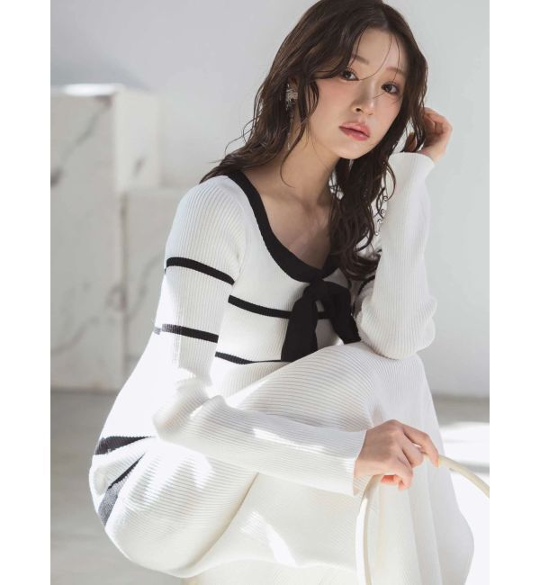 MERCURYDUO「バイカラーリボンリブニットワンピース」|ワンピース|