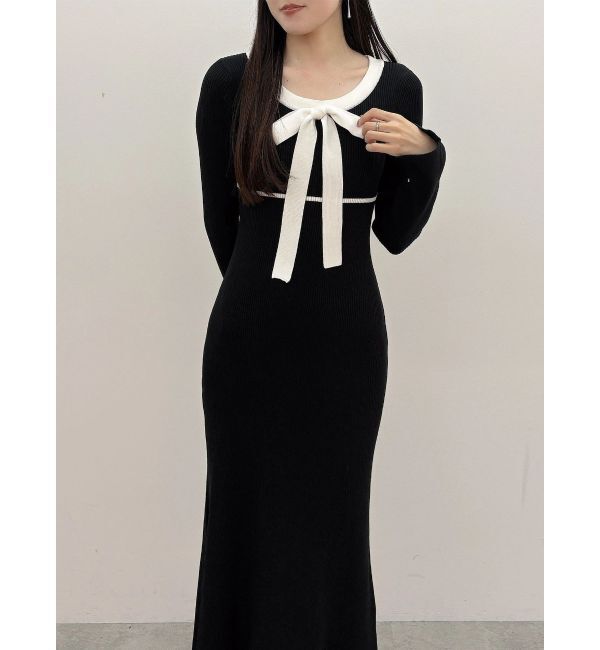 MERCURYDUO「バイカラーリボンリブニットワンピース」|ワンピース|