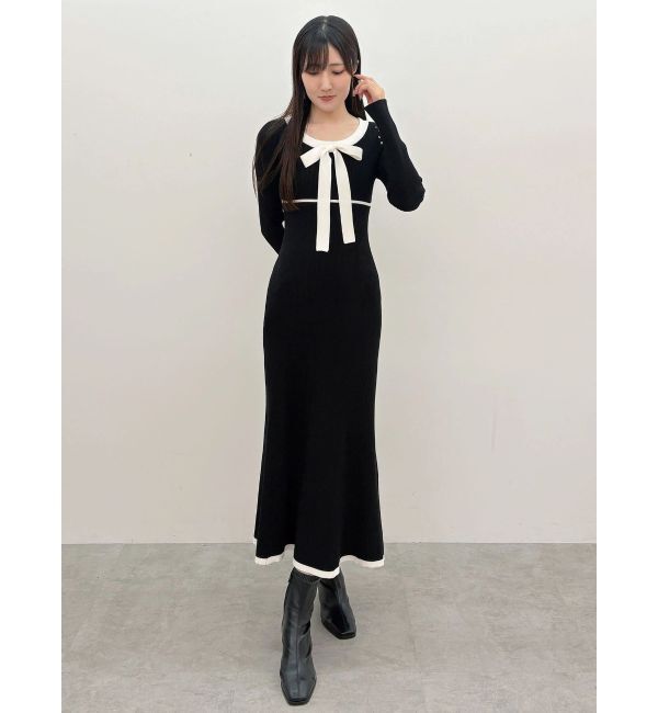 MERCURYDUO「バイカラーリボンリブニットワンピース」|ワンピース|