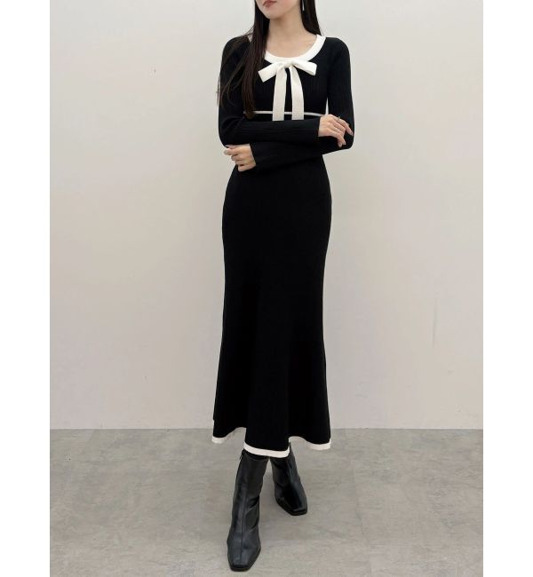 MERCURYDUO「バイカラーリボンリブニットワンピース」|ワンピース|ブラック
