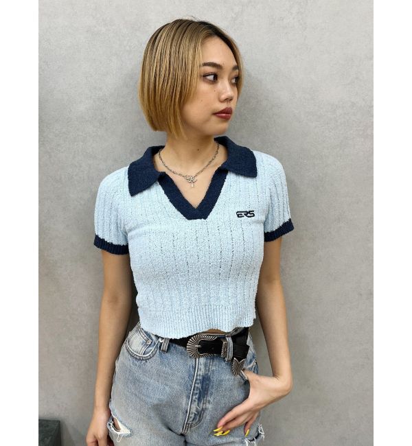 EVRIS「ワンポイントポロニットトップス」|ニット・セーター|ブルー