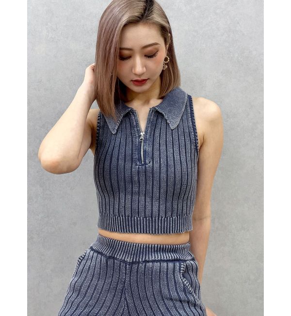 GYDA「ハーフZIPノースリブリーチポロニットトップス」|ニット・セーター|ネイビー