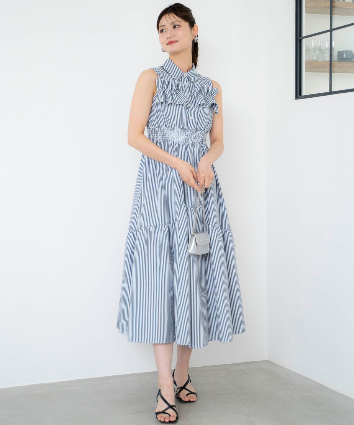 アンドクチュール「ヨークフリルストライプシャツワンピース」|ワンピース|