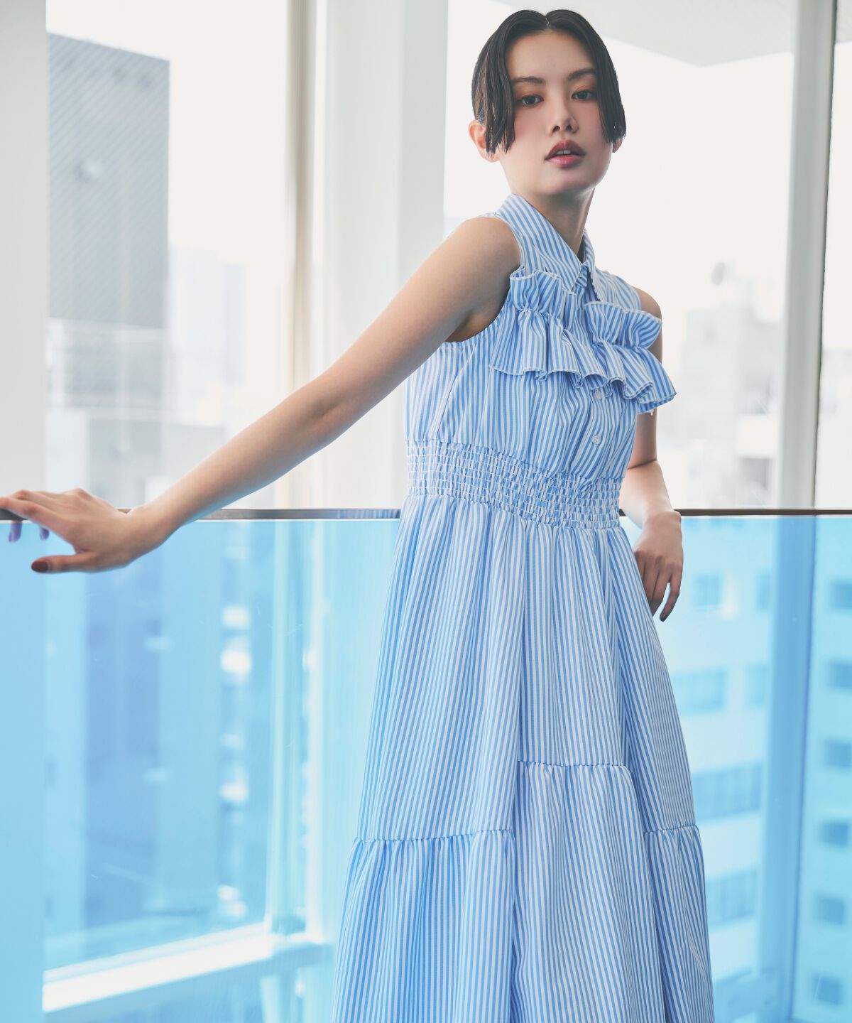 アンドクチュール「ヨークフリルストライプシャツワンピース」|ワンピース|