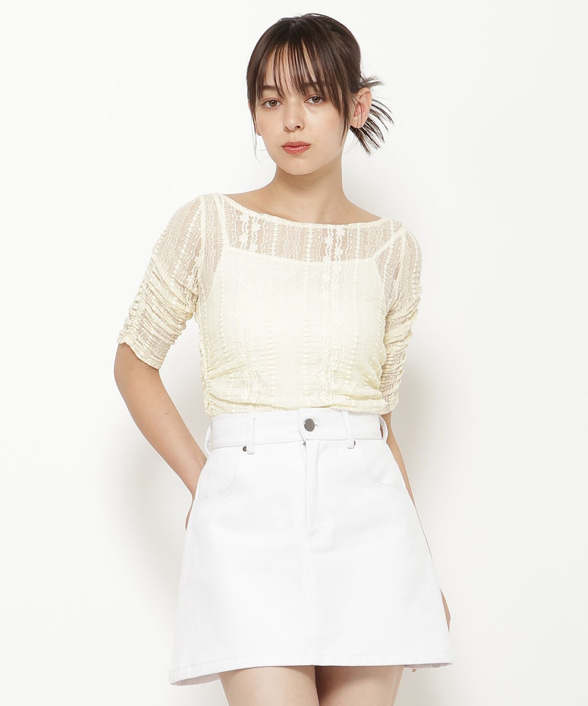 REDYAZEL「半袖リボンレースブラウス」|Tシャツ・カットソー|イエロー