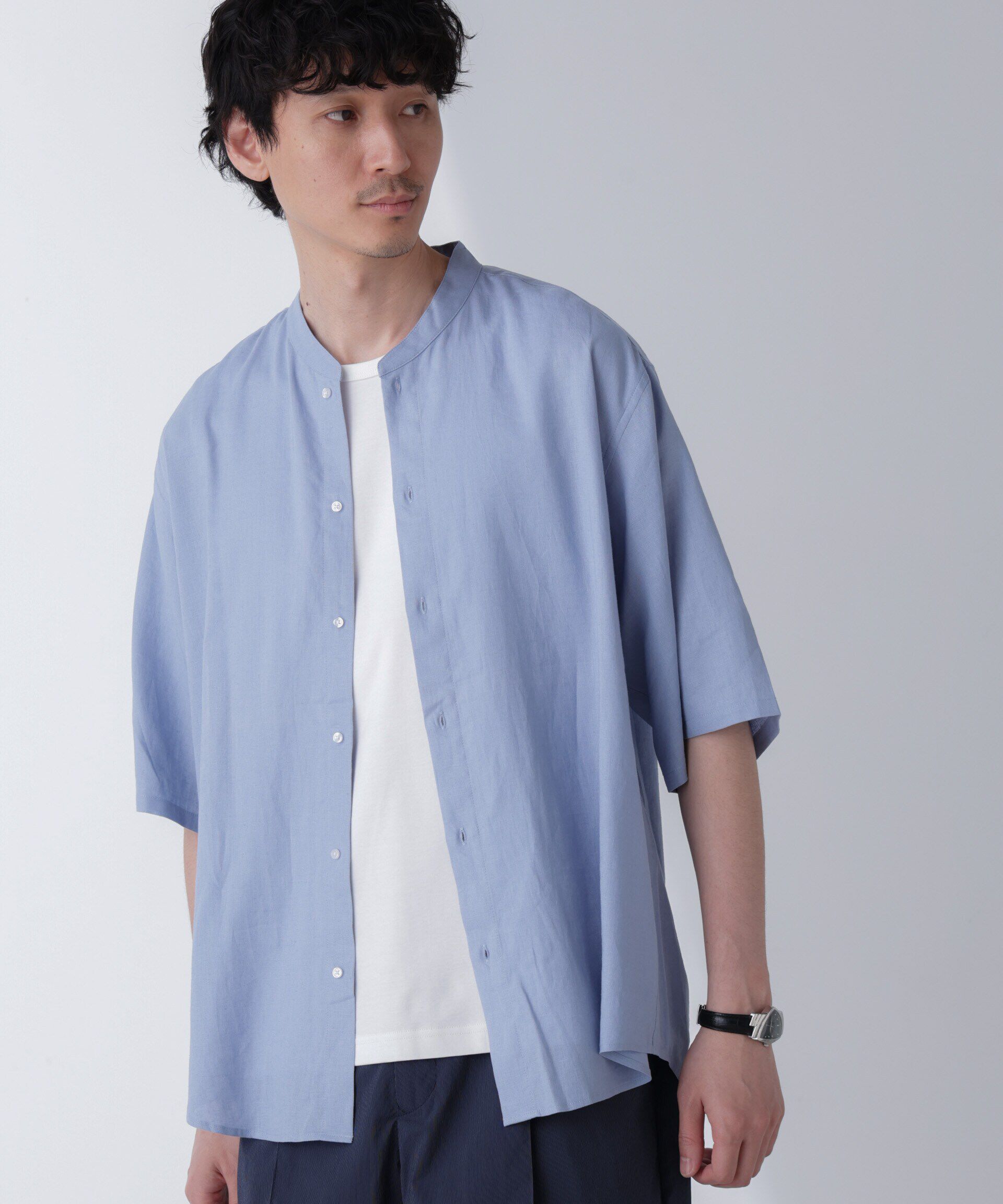 nano･universe「アンチスメルリネン バンドカラーシャツ 半袖」|シャツ・ブラウス|サックス5
