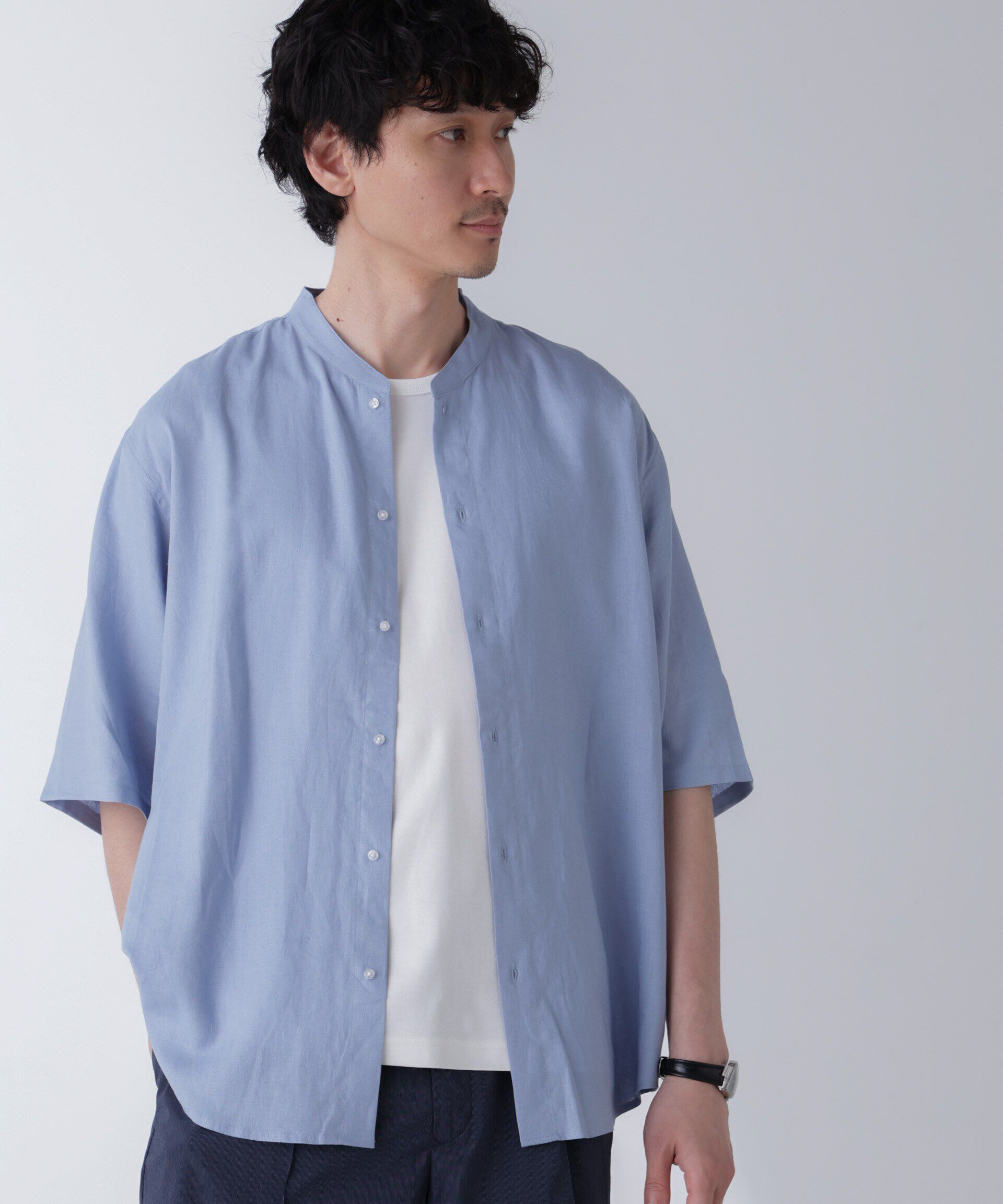 nano･universe「アンチスメルリネン バンドカラーシャツ 半袖」|シャツ・ブラウス|
