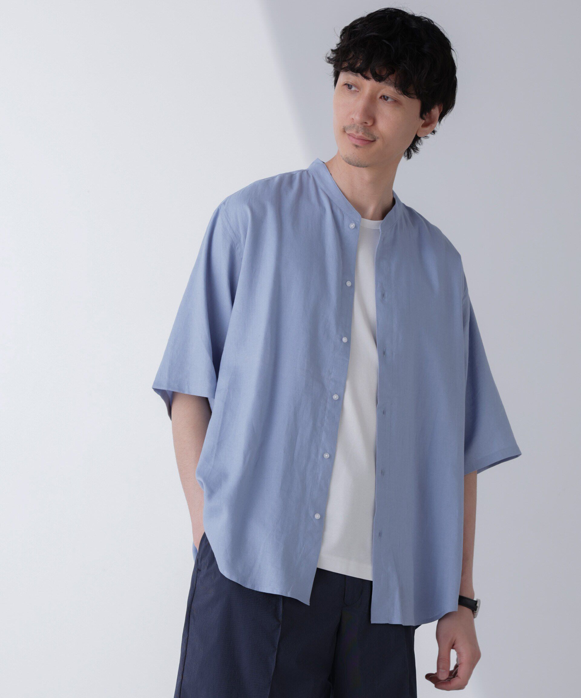 nano･universe「アンチスメルリネン バンドカラーシャツ 半袖」|シャツ・ブラウス|