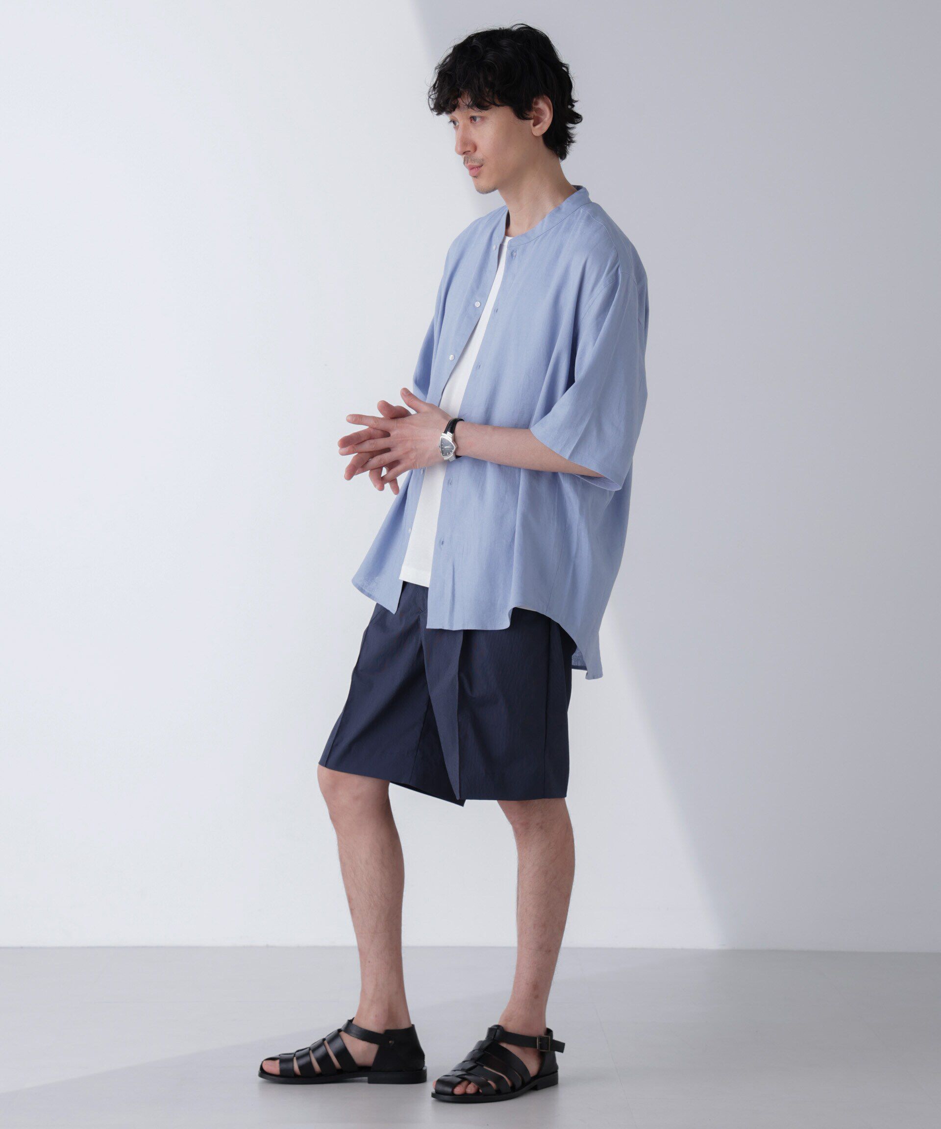 nano･universe「アンチスメルリネン バンドカラーシャツ 半袖」|シャツ・ブラウス|