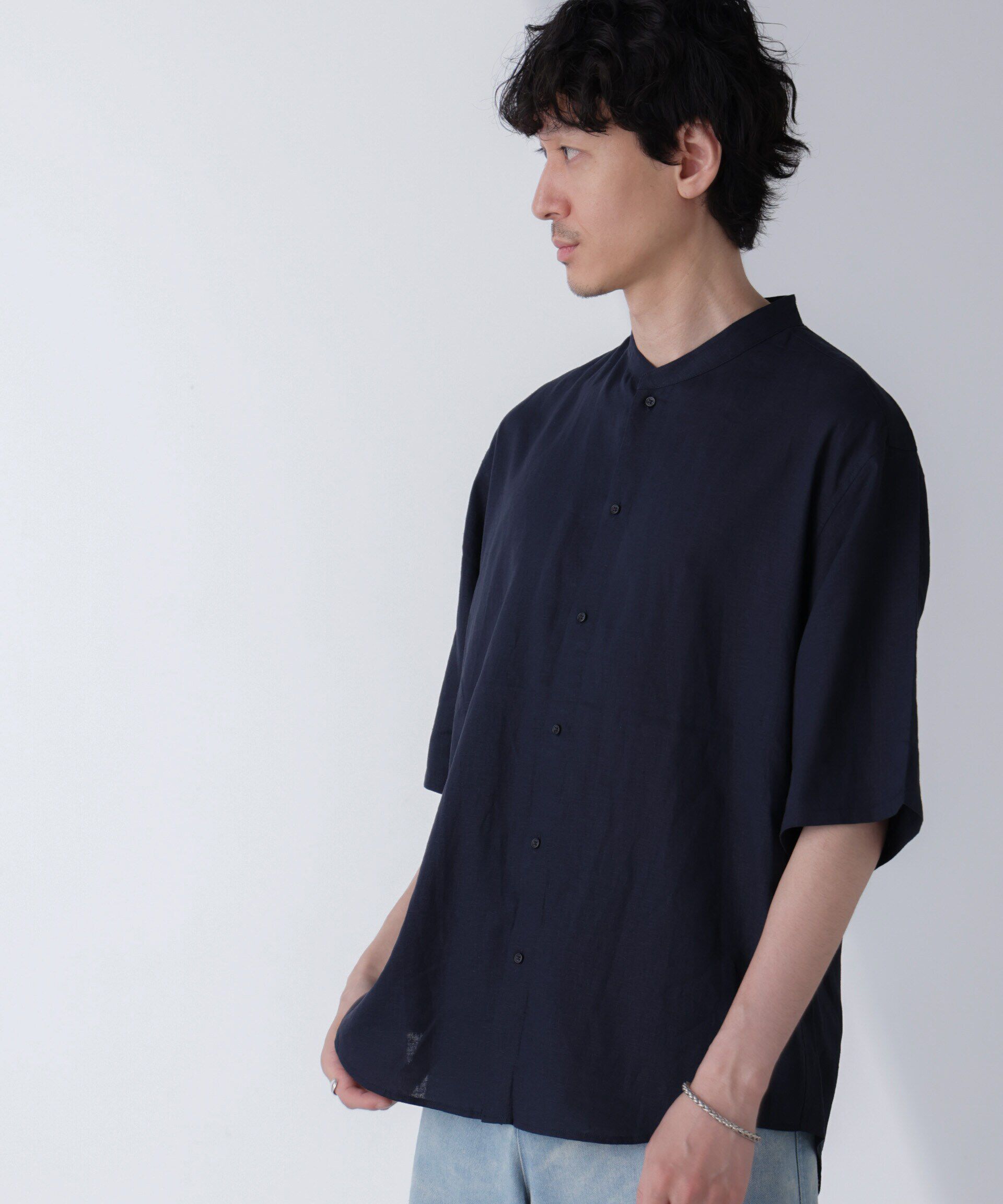nano･universe「アンチスメルリネン バンドカラーシャツ 半袖」|シャツ・ブラウス|ネイビー