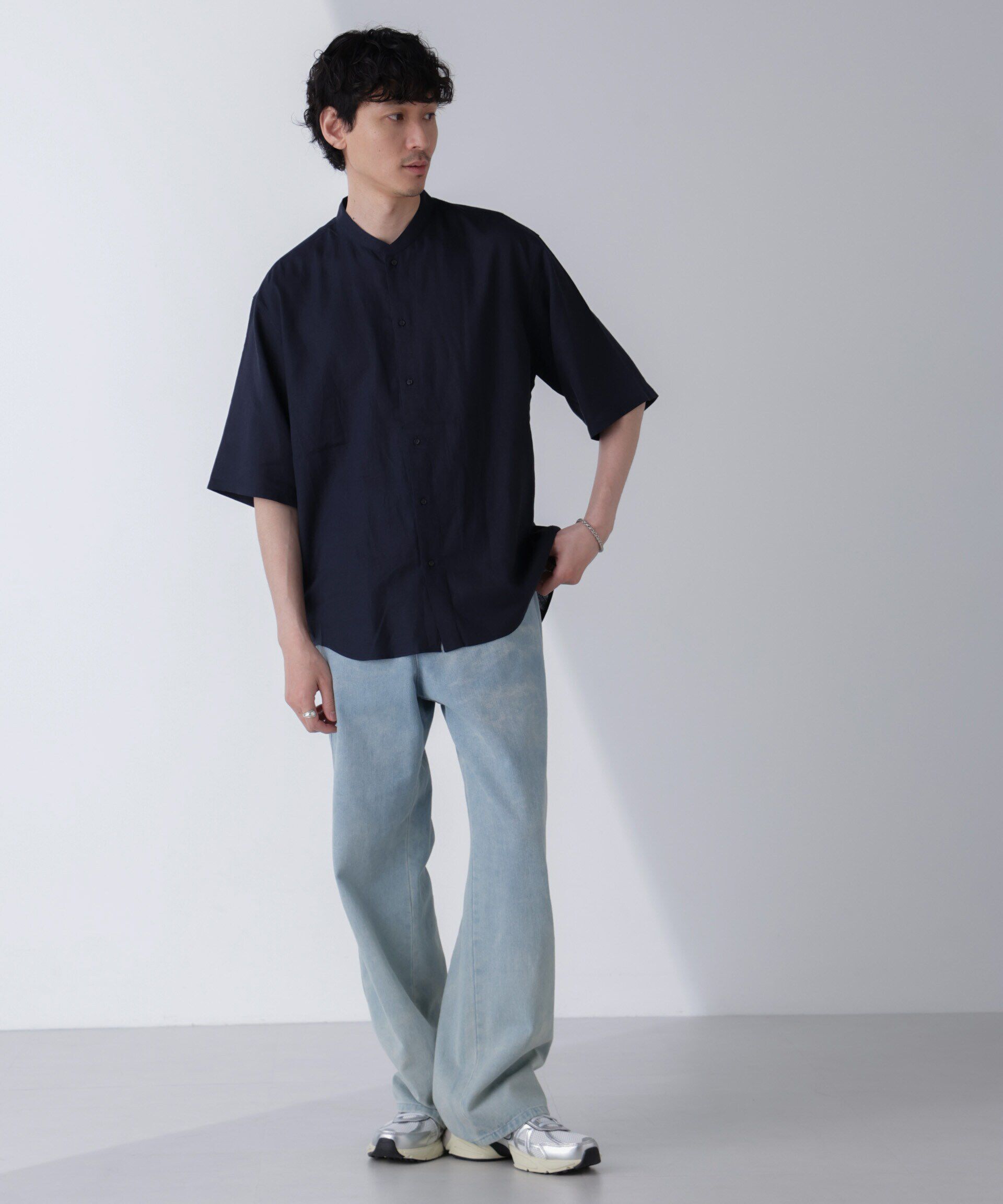 nano･universe「アンチスメルリネン バンドカラーシャツ 半袖」|シャツ・ブラウス|