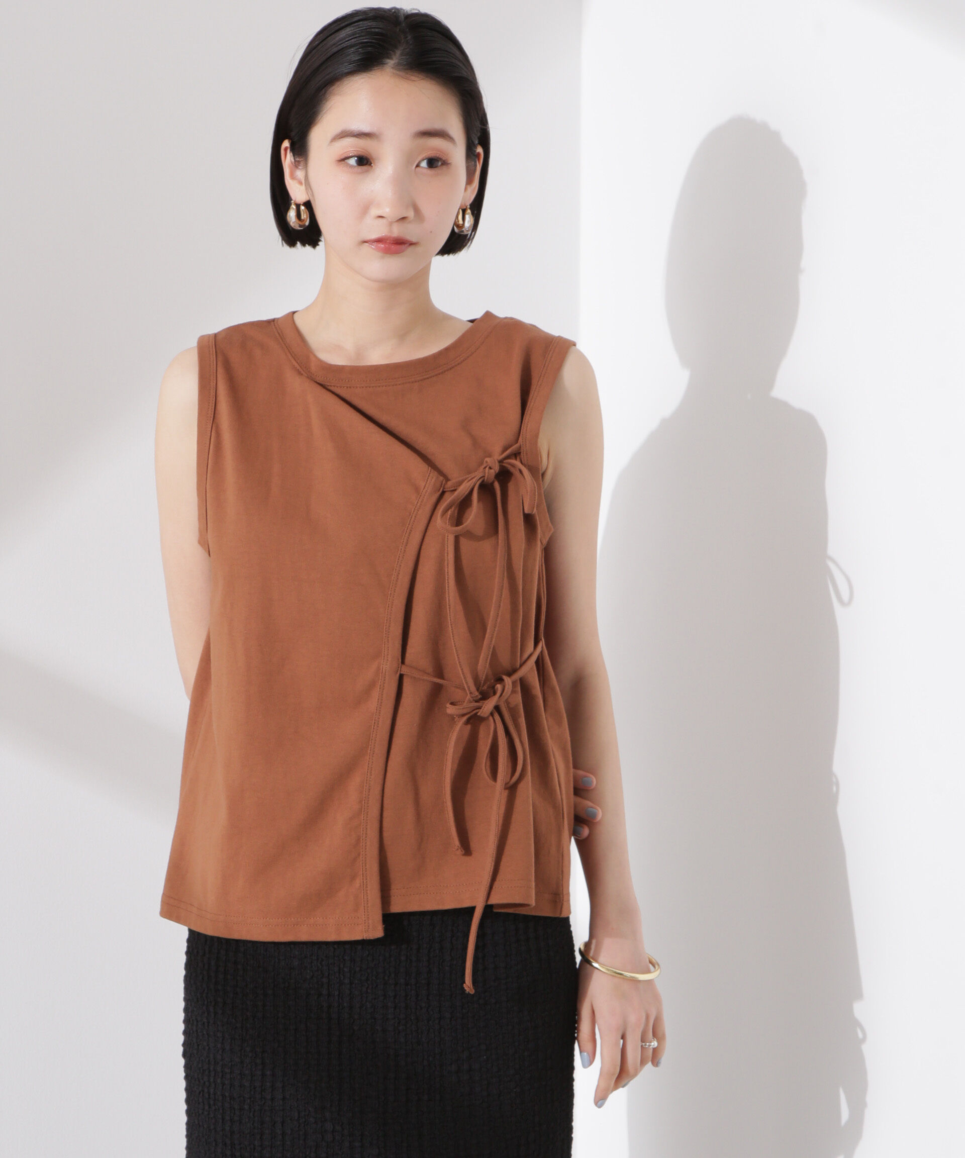 nano･universe「ドライタッチ天竺リボン結びディティールトップス」|Tシャツ・カットソー|キャメル4