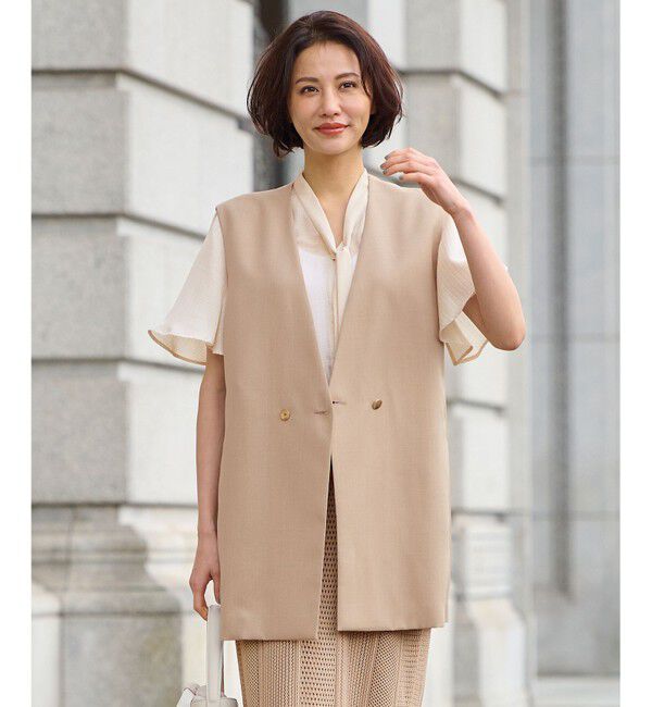 自由区「【接触冷感・速乾・UVケア・撥水・防シワ・XSサイズあり】リネンライクツィル ジレ」|ベスト・ジレ|キャメル系