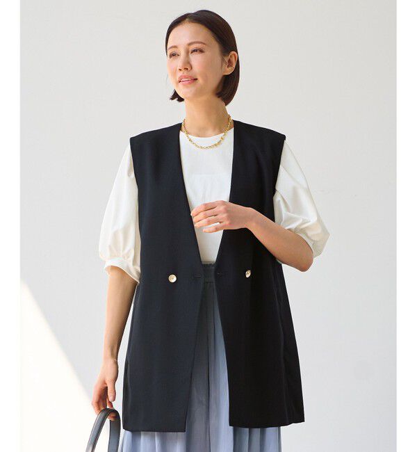 自由区「【接触冷感・速乾・UVケア・撥水・防シワ・XSサイズあり】リネンライクツィル ジレ」|ベスト・ジレ|ネイビー系