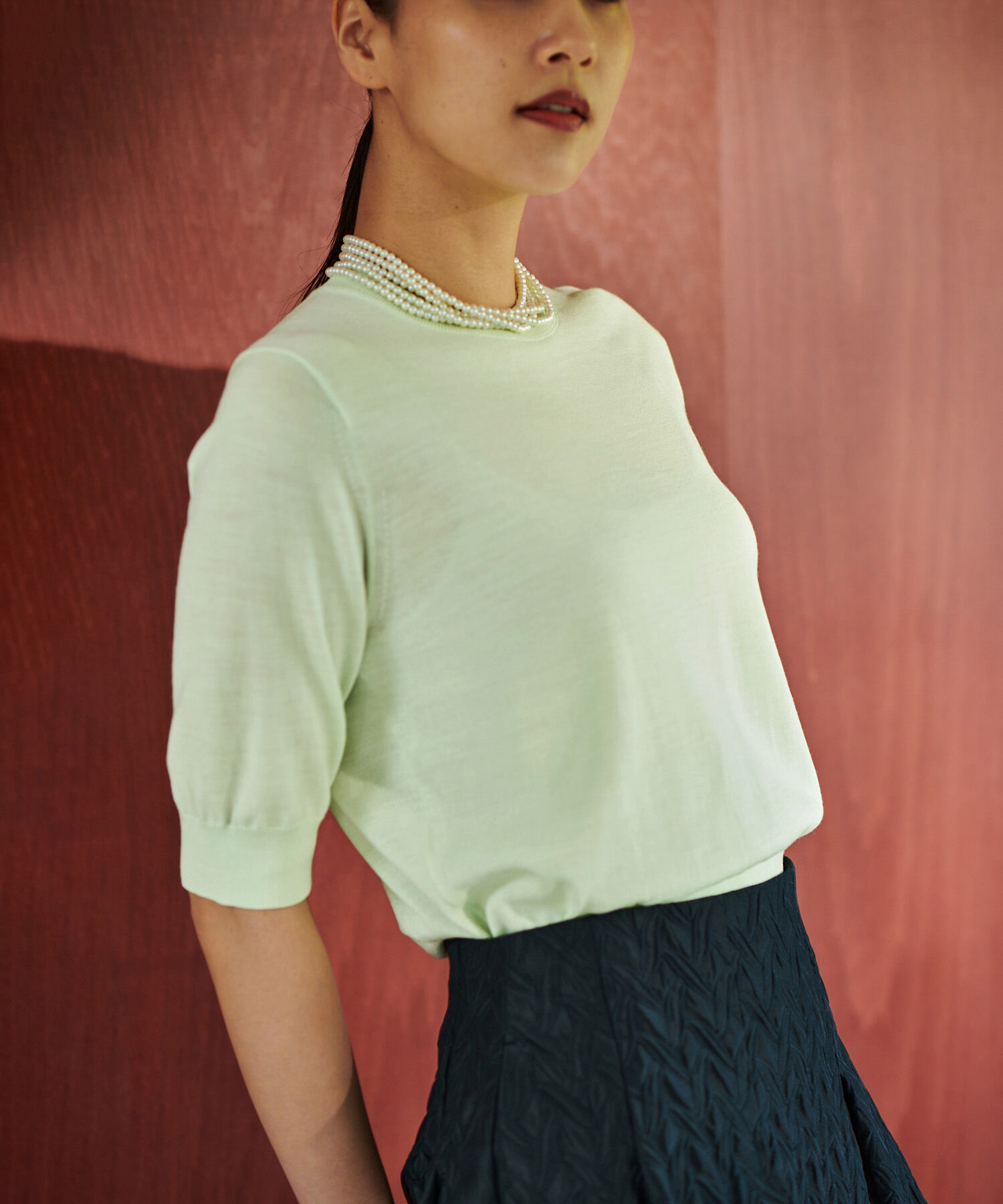 ROPE「ハイゲージウォッシャブル5分袖ニット/アンサンブル可能」|ニット・セーター|ライトグリーン(33)