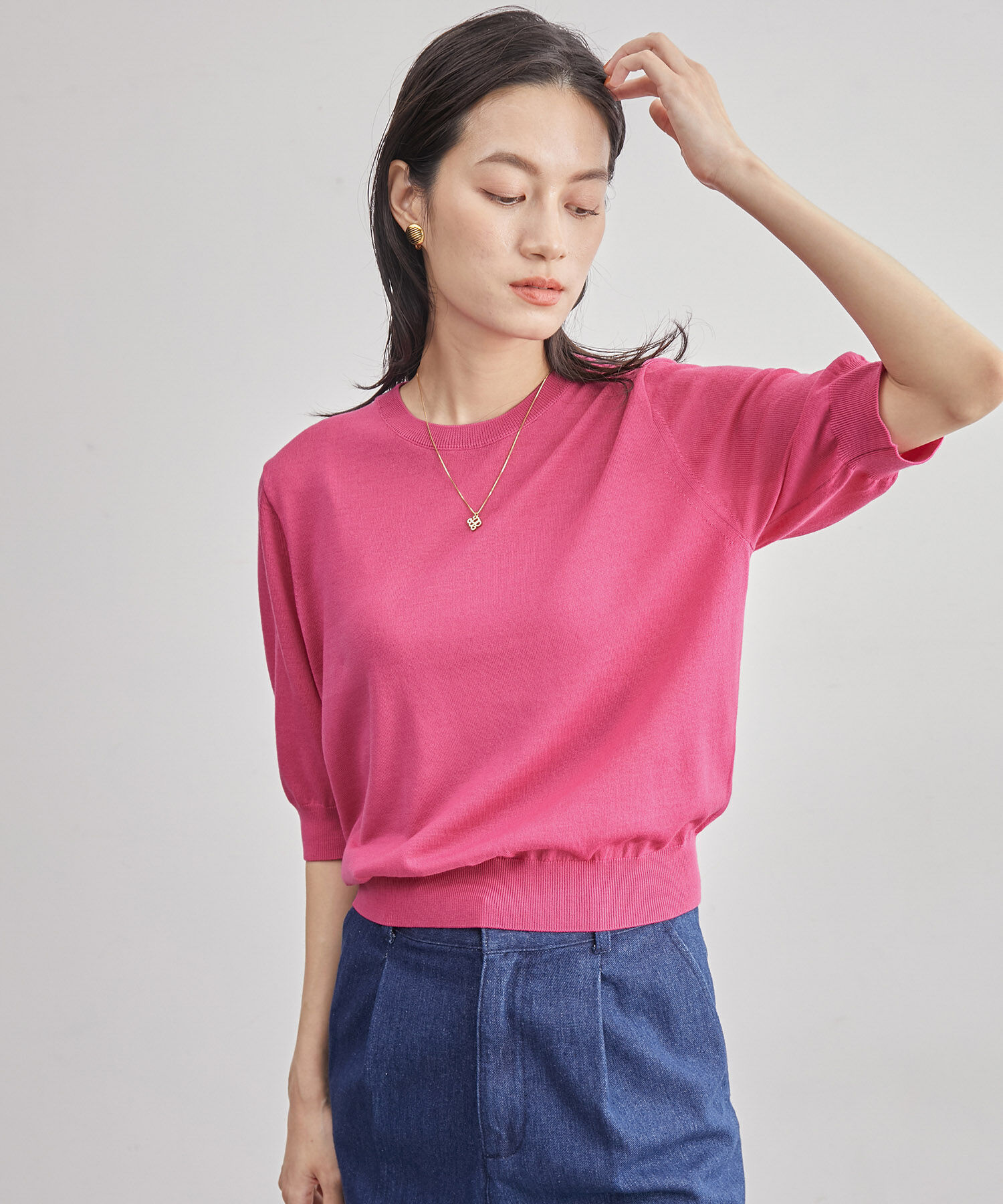 ROPE「ハイゲージウォッシャブル5分袖ニット/アンサンブル可能」|ニット・セーター|ピンク系(65)