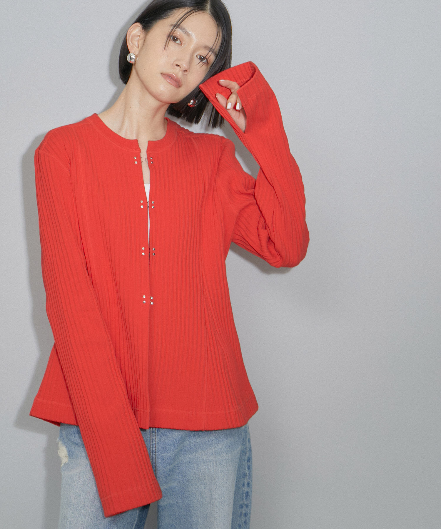 ADAM ET ROPE'「【WEB限定・洗える】フレアーリブカーディガン」|カーディガン|レッド(60)