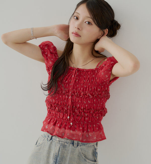  「【5色展開】シアーフラワーシャーリングフレンチブラウス」|シャツ・ブラウス|レッド