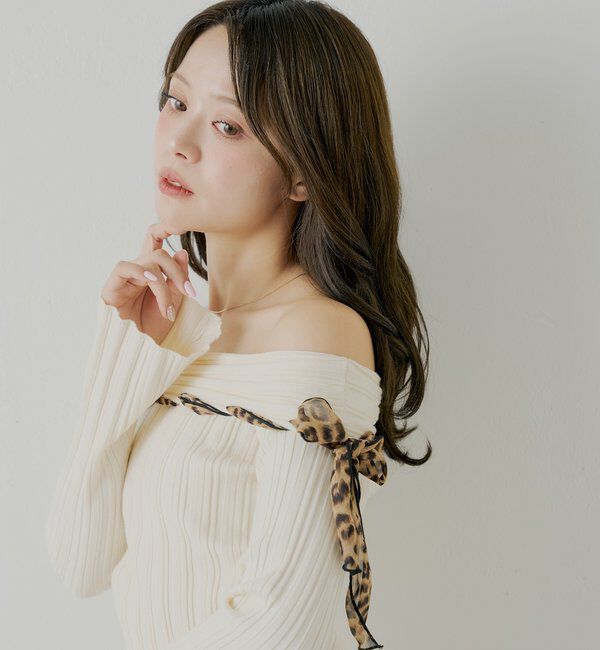  「レオパード肩リボンオフショルリブニット」|ニット・セーター|