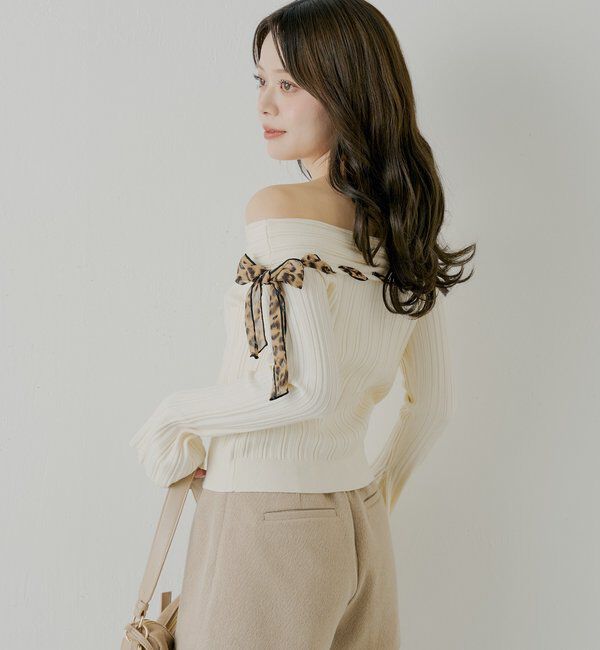  「レオパード肩リボンオフショルリブニット」|ニット・セーター|