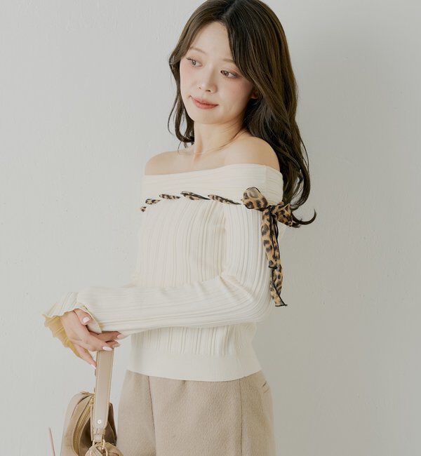  「レオパード肩リボンオフショルリブニット」|ニット・セーター|