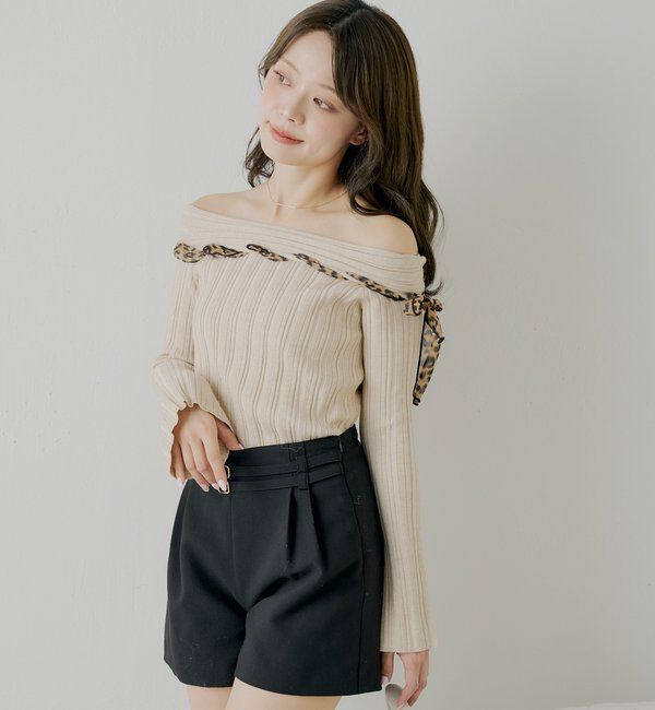  「レオパード肩リボンオフショルリブニット」|ニット・セーター|
