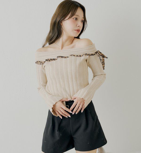  「レオパード肩リボンオフショルリブニット」|ニット・セーター|